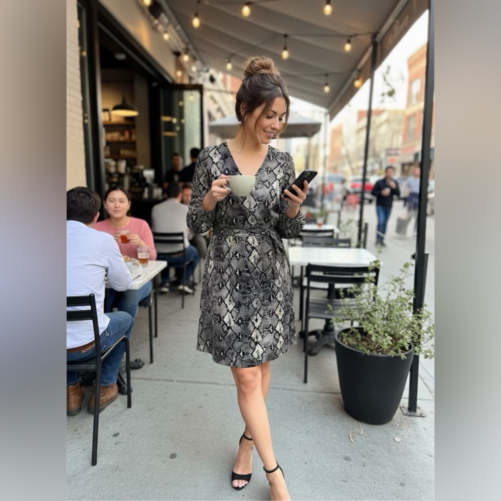 Calvin Klein Black and Cream Snake Print Dress